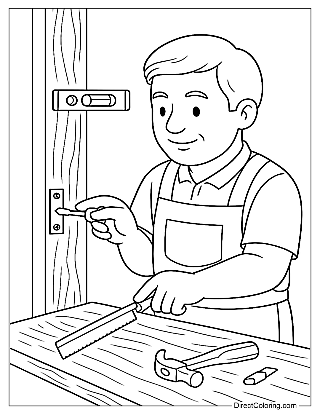 Carpenter Adjusting a Wooden Door Hinges Coloring Page Using a Screwdriver and Level.